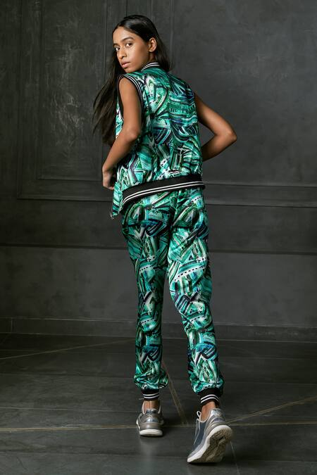 Redefine Green Mashru Abstract Front Open Rush Reversible Bomber Jacket 2