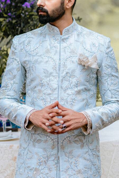 Buy_Anushree Reddy_Blue Embroidered Sherwani Set _Online_at_Aza_Fashions
