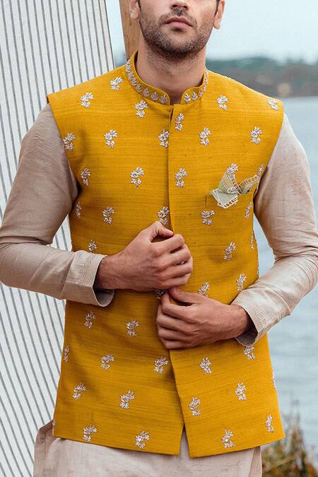 Anushree Reddy_Yellow Embroidered Bundi And Kurta Set _Online_at_Aza_Fashions