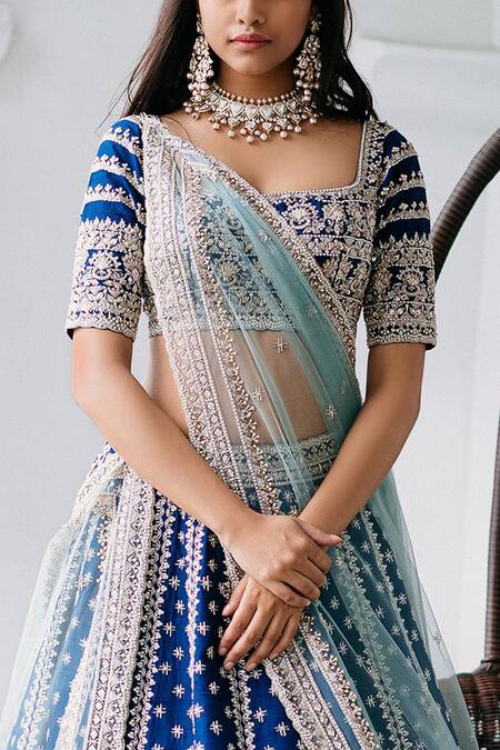 Anushree Reddy_Blue Raw Silk Embroidered Lehenga Set_Online_at_Aza_Fashions