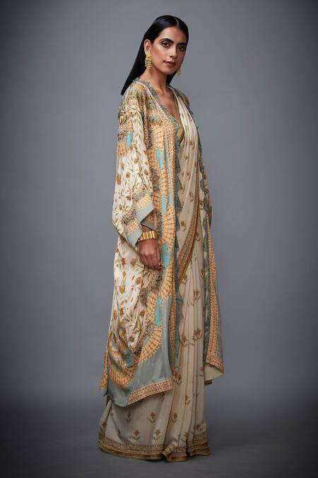 RI.Ritu Kumar_Beige Silk Chinon Saree With Unstitched Blouse And Jacket_Online_at_Aza_Fashions