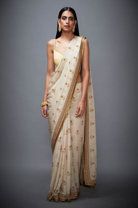 Buy_RI.Ritu Kumar_Beige Silk Chinon Saree With Unstitched Blouse And Jacket_Online_at_Aza_Fashions