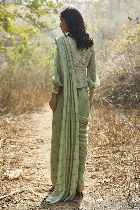 Shop Sana Barreja Green Georgette V Neck Rumeha Pre-draped Saree Set With Jacket at Aza Fashions Shop_Sana Barreja_Green Georgette V Neck Rumeha Pre-draped Saree Set With Jacket_at_Aza_Fashions