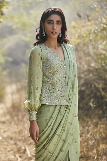 Sana Barreja Green Georgette V Neck Rumeha Pre-draped Saree Set With Jacket Online at Aza Fashions Sana Barreja_Green Georgette V Neck Rumeha Pre-draped Saree Set With Jacket_Online_at_Aza_Fashions