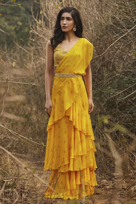 Buy Lavanya The Label Yellow Solid Ruffles Saree - Sarees for Women  19419306 | Myntra