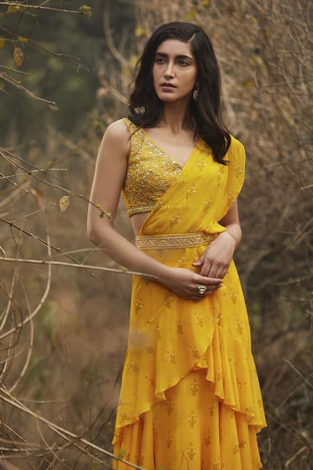 Shop Sana Barreja Yellow Georgette V Neck Maayra Pre-draped Ruffle Saree Set at Aza Fashions Shop_Sana Barreja_Yellow Georgette V Neck Maayra Pre-draped Ruffle Saree Set _at_Aza_Fashions