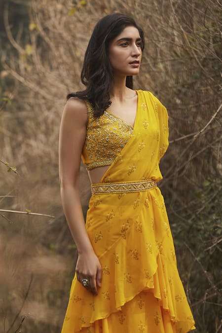 Sana Barreja Yellow Georgette V Neck Maayra Pre-draped Ruffle Saree Set Online at Aza Fashions Sana Barreja_Yellow Georgette V Neck Maayra Pre-draped Ruffle Saree Set _Online_at_Aza_Fashions