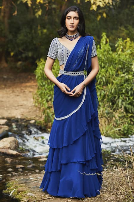 Sana Barreja Blue Georgette V Neck Sidra Pre-draped Ruffle Saree Set  