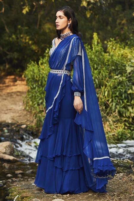 Sana Barreja_Blue Georgette V Neck Sidra Pre-draped Ruffle Saree Set_Online_at_Aza_Fashions