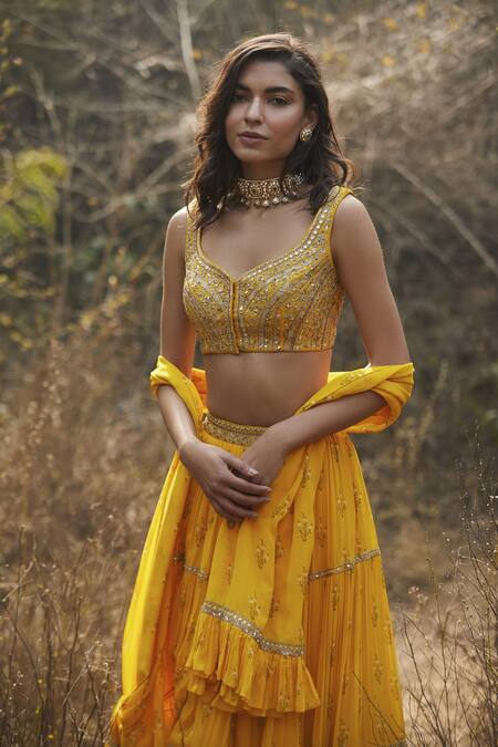 Sana Barreja_Yellow Georgette Leaf Neck Naazia Tiered Lehenga Set_Online_at_Aza_Fashions