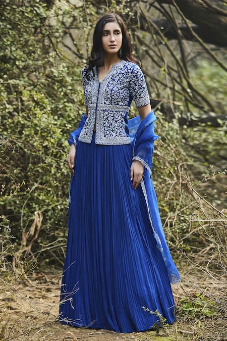Shop Sana Barreja Blue Georgette Round Aanya Jacket And Lehenga Set at Aza Fashions Shop_Sana Barreja_Blue Georgette Round Aanya Jacket And Lehenga Set _at_Aza_Fashions