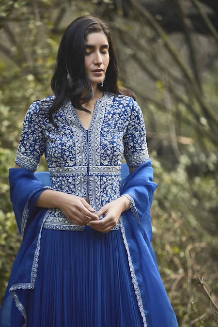 Buy Sana Barreja Blue Georgette Round Aanya Jacket And Lehenga Set Online at Aza Fashions Buy_Sana Barreja_Blue Georgette Round Aanya Jacket And Lehenga Set _Online_at_Aza_Fashions