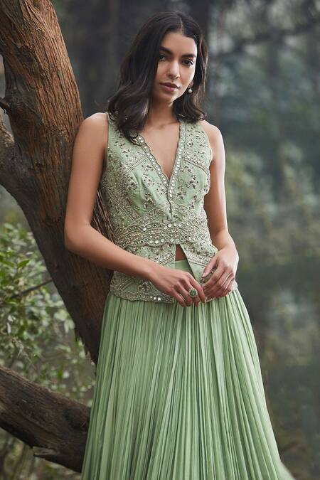 Sana Barreja_Green Georgette V Neck Farah Jacket And Lehenga Set_Online_at_Aza_Fashions