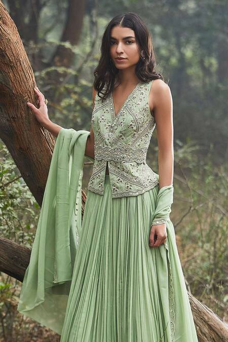 Buy_Sana Barreja_Green Georgette V Neck Farah Jacket And Lehenga Set_Online_at_Aza_Fashions