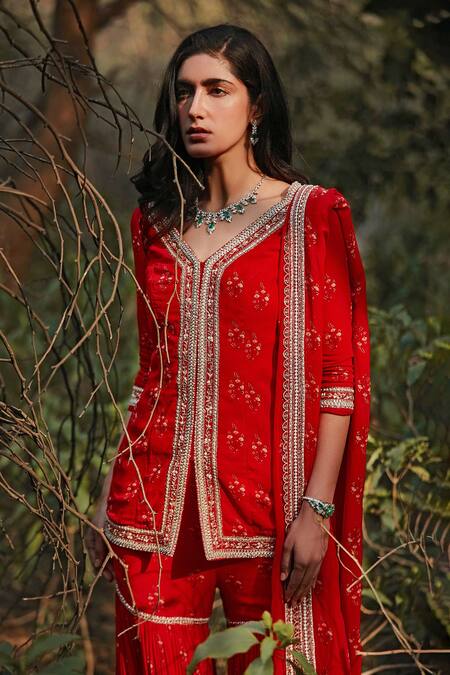 Buy_Sana Barreja_Red Georgette V Neck Noorah Embroidered Kurta Gharara Set_Online_at_Aza_Fashions