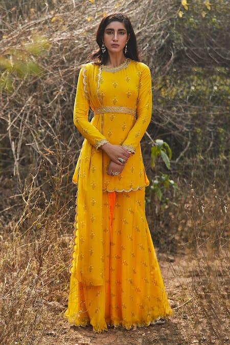 Sana Barreja Yellow Georgette Round Alaia Printed Kurta Gharara Set  