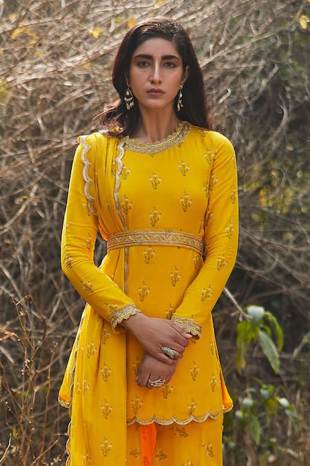 Buy_Sana Barreja_Yellow Georgette Round Alaia Printed Kurta Gharara Set_Online_at_Aza_Fashions