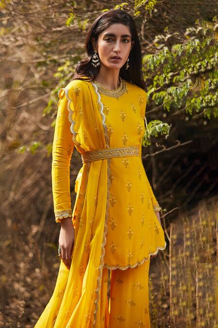 Shop_Sana Barreja_Yellow Georgette Round Alaia Printed Kurta Gharara Set_Online_at_Aza_Fashions