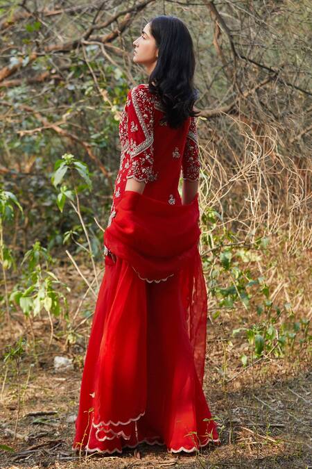 Shop Sana Barreja Red Organza, Net V Neck Nitara Kurta Gharara Set at Aza Fashions Shop_Sana Barreja_Red Organza, Net V Neck Nitara Kurta Gharara Set _at_Aza_Fashions