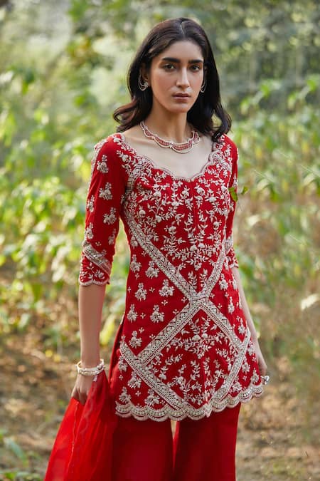 Buy Sana Barreja Red Organza, Net V Neck Nitara Kurta Gharara Set Online at Aza Fashions Buy_Sana Barreja_Red Organza, Net V Neck Nitara Kurta Gharara Set _Online_at_Aza_Fashions