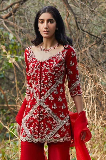 Shop Sana Barreja Red Organza, Net V Neck Nitara Kurta Gharara Set Online at Aza Fashions Shop_Sana Barreja_Red Organza, Net V Neck Nitara Kurta Gharara Set _Online_at_Aza_Fashions