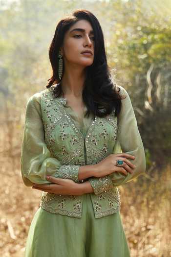 Sana Barreja_Green Organza, Georgette V Neck Sharya Embroidered Jacket And Sharara Set_Online_at_Aza_Fashions
