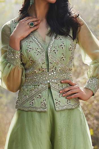 Buy_Sana Barreja_Green Organza, Georgette V Neck Sharya Embroidered Jacket And Sharara Set_Online_at_Aza_Fashions