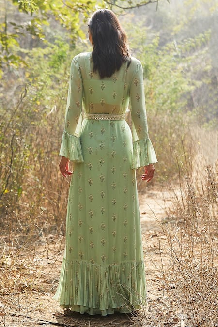 Shop_Sana Barreja_Green Georgette V Neck Floral Print Sabeen Jacket And Sharara Set _at_Aza_Fashions