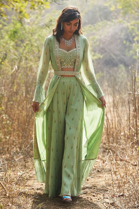 Sana Barreja_Green Georgette V Neck Floral Print Sabeen Jacket And Sharara Set _Online_at_Aza_Fashions