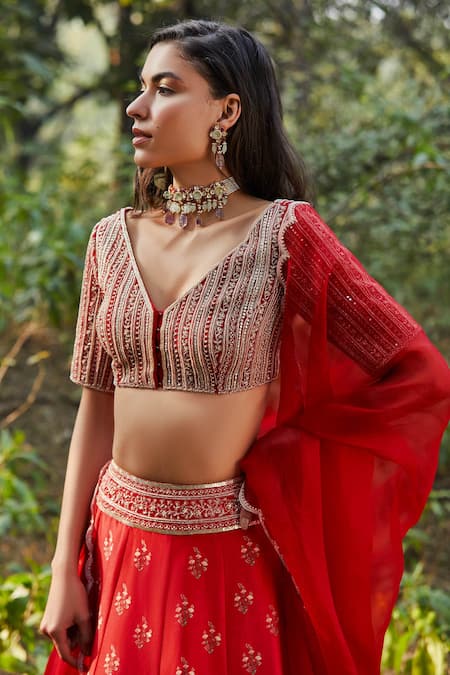 Sana Barreja_Red Chanderi Silk V Neck Zaara Bridal Lehenga Set_Online_at_Aza_Fashions