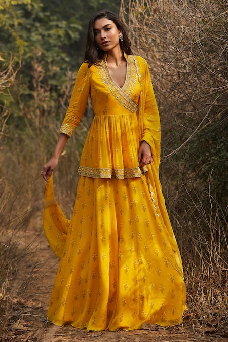 Sana Barreja Yellow Georgette V Neck Irene Embroidered Tunic Lehenga Set Online at Aza Fashions Sana Barreja_Yellow Georgette V Neck Irene Embroidered Tunic Lehenga Set _Online_at_Aza_Fashions