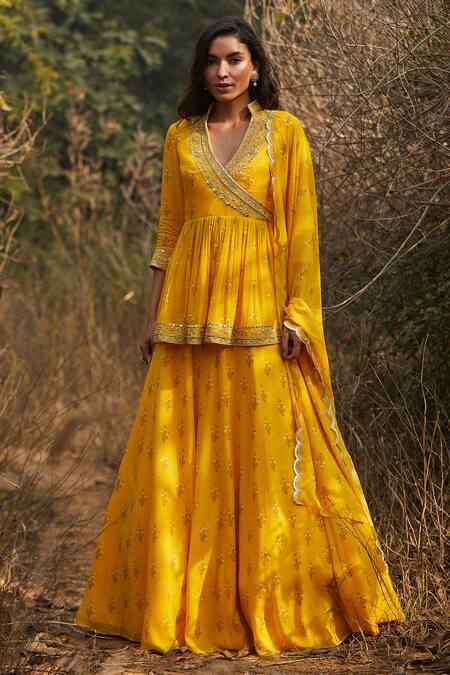 Buy Sana Barreja Yellow Georgette V Neck Irene Embroidered Tunic Lehenga Set Online at Aza Fashions Buy_Sana Barreja_Yellow Georgette V Neck Irene Embroidered Tunic Lehenga Set _Online_at_Aza_Fashions