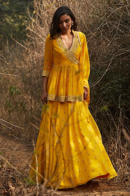 Shop Sana Barreja Yellow Georgette V Neck Irene Embroidered Tunic Lehenga Set Online at Aza Fashions Shop_Sana Barreja_Yellow Georgette V Neck Irene Embroidered Tunic Lehenga Set _Online_at_Aza_Fashions