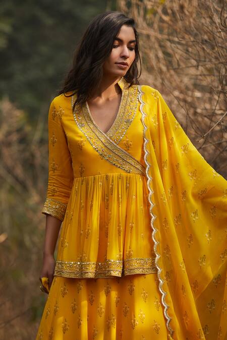 Sana Barreja Yellow Georgette V Neck Irene Embroidered Tunic Lehenga Set at Aza Fashions Sana Barreja_Yellow Georgette V Neck Irene Embroidered Tunic Lehenga Set _at_Aza_Fashions