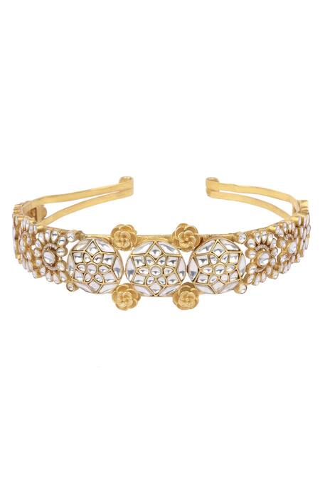 Shop_Sangeeta Boochra X Payal Singhal_Gold Kundan Embellished Hairband _at_Aza_Fashions
