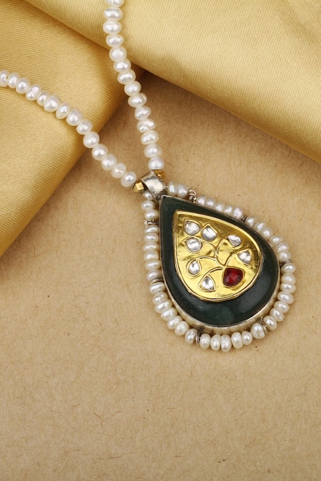 Sangeeta Boochra X Payal Singhal_Gold Plated Rahmat Pendant Necklace With Pearl Chain _Online_at_Aza_Fashions