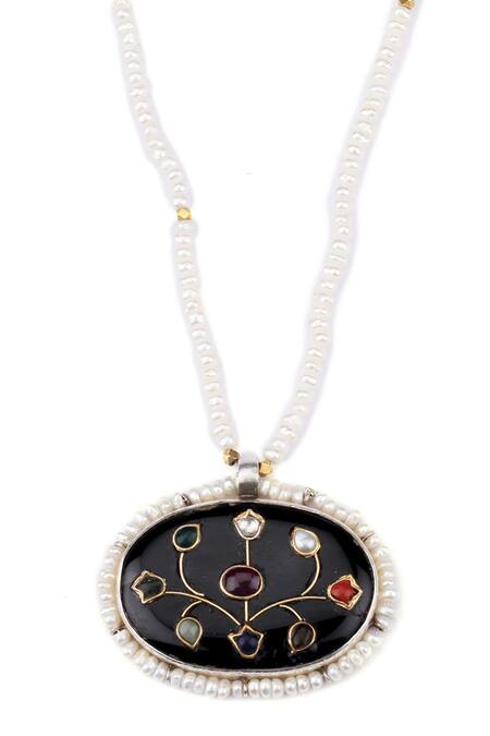 Shop Sangeeta Boochra X Payal Singhal Black Seher Pendant Necklace With Pearl Chain Online at Aza Fashions Shop_Sangeeta Boochra X Payal Singhal_Black Seher Pendant Necklace With Pearl Chain _Online_at_Aza_Fashions