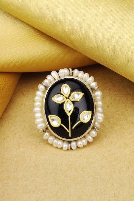 Sangeeta Boochra X Payal Singhal_Black Stone Maryam Floral Motif Ring_Online_at_Aza_Fashions