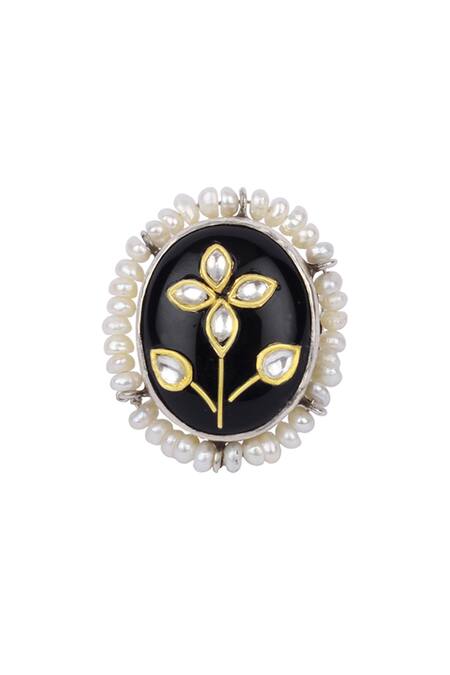 Shop_Sangeeta Boochra X Payal Singhal_Black Stone Maryam Floral Motif Ring_Online_at_Aza_Fashions