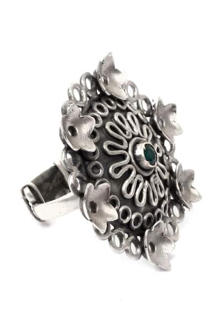Sangeeta Boochra_Silver Plated Stones Floral Motif Cutwork Ring _Online_at_Aza_Fashions
