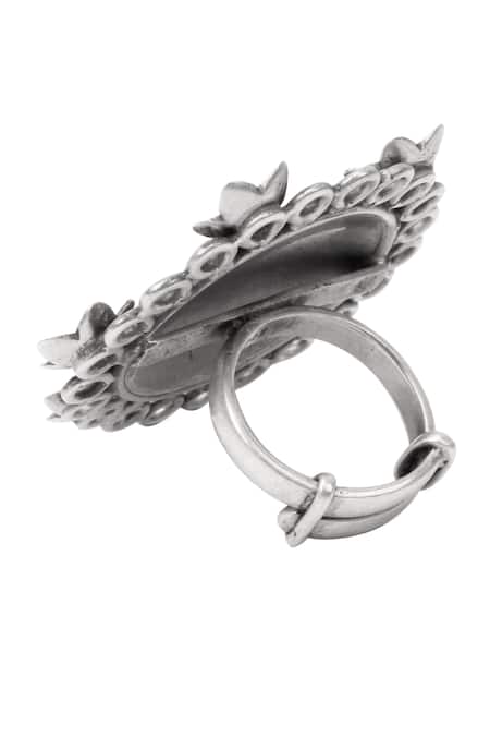 Buy_Sangeeta Boochra_Silver Plated Stones Floral Motif Cutwork Ring _Online_at_Aza_Fashions