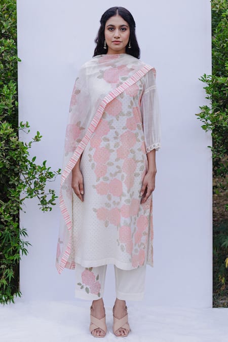 Shivani Bhargava_White Cotton Floral Print Pants_Online_at_Aza_Fashions