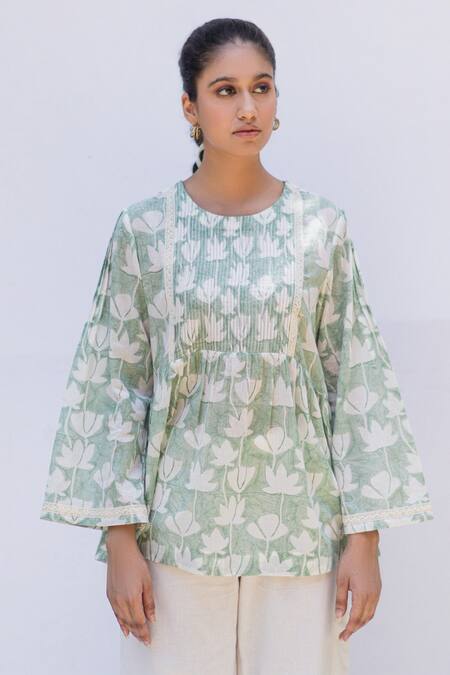 Shivani Bhargava Green Cotton Hand Block Printed Round Short Tunic For Women