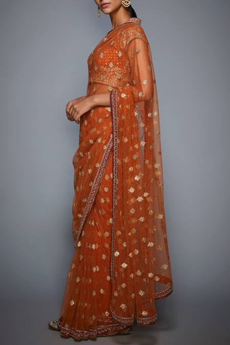 Shop_RI.Ritu Kumar_Gold Mono Net Embroidered Saree_Online_at_Aza_Fashions