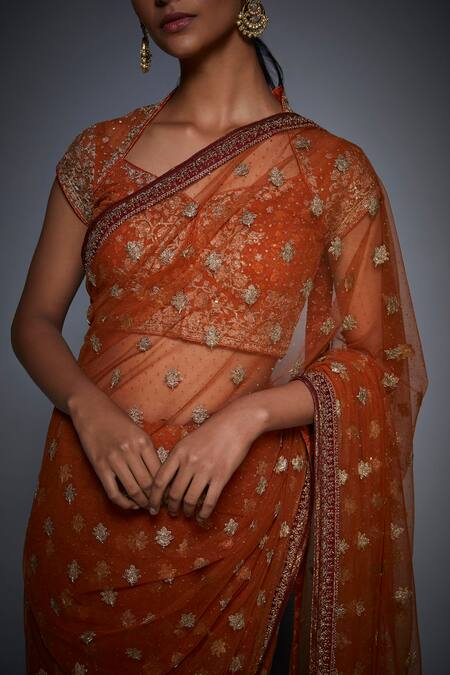 RI.Ritu Kumar_Gold Mono Net Embroidered Saree_at_Aza_Fashions