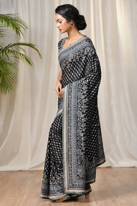RI.Ritu Kumar_Black Silk Chinnon Embroidered Saree With Unstitched Blouse Fabric _Online_at_Aza_Fashions