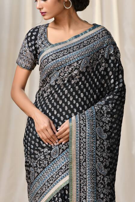 Buy_RI.Ritu Kumar_Black Silk Chinnon Embroidered Saree With Unstitched Blouse Fabric _Online_at_Aza_Fashions