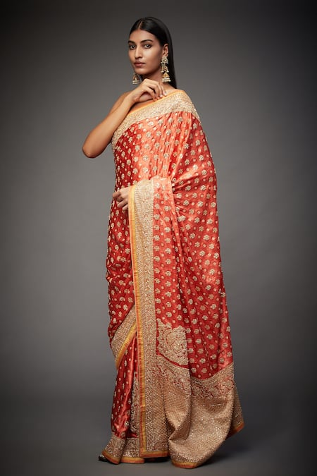Shop RI.Ritu Kumar Coral Silk Satin Embroidered Saree With Unstitched Blouse at Aza Fashions Shop_RI.Ritu Kumar_Coral Silk Satin Embroidered Saree With Unstitched Blouse _at_Aza_Fashions
