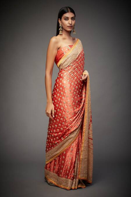 RI.Ritu Kumar Coral Silk Satin Embroidered Saree With Unstitched Blouse Online at Aza Fashions RI.Ritu Kumar_Coral Silk Satin Embroidered Saree With Unstitched Blouse _Online_at_Aza_Fashions