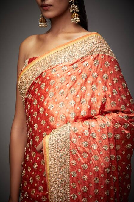 Buy RI.Ritu Kumar Coral Silk Satin Embroidered Saree With Unstitched Blouse Online at Aza Fashions Buy_RI.Ritu Kumar_Coral Silk Satin Embroidered Saree With Unstitched Blouse _Online_at_Aza_Fashions